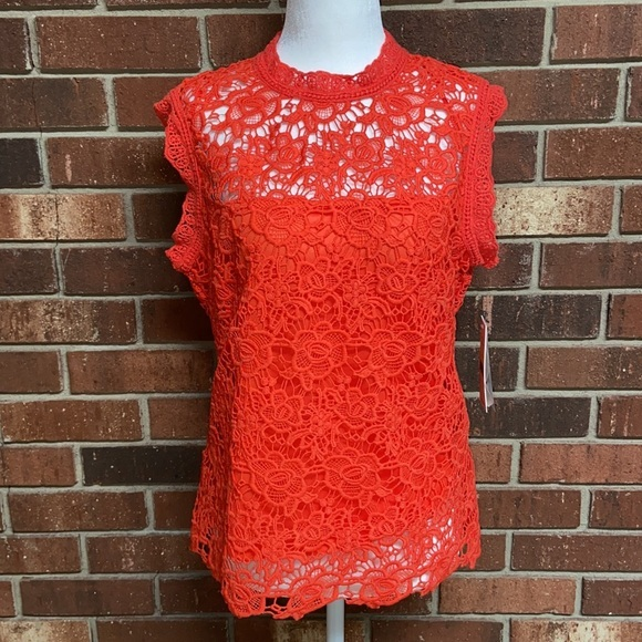 Nanette Lepore Tops - Nanette Lepore Orange Lace Mock Neck Blouse Size Medium